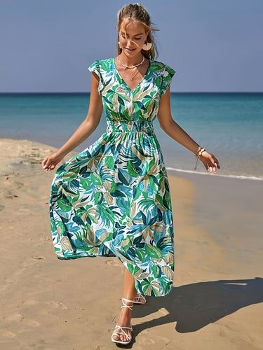 MyWestern Tropical Leaf Print Beach Maxi Dress My Western
